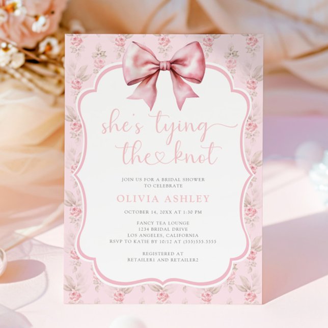 Invitación Ella está atando la ducha de novias de vaca rosa K (Subido por el creador)