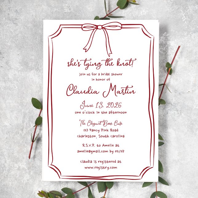 Invitación Ella está atando la ducha de novias Red Bow Crimso (Subido por el creador)