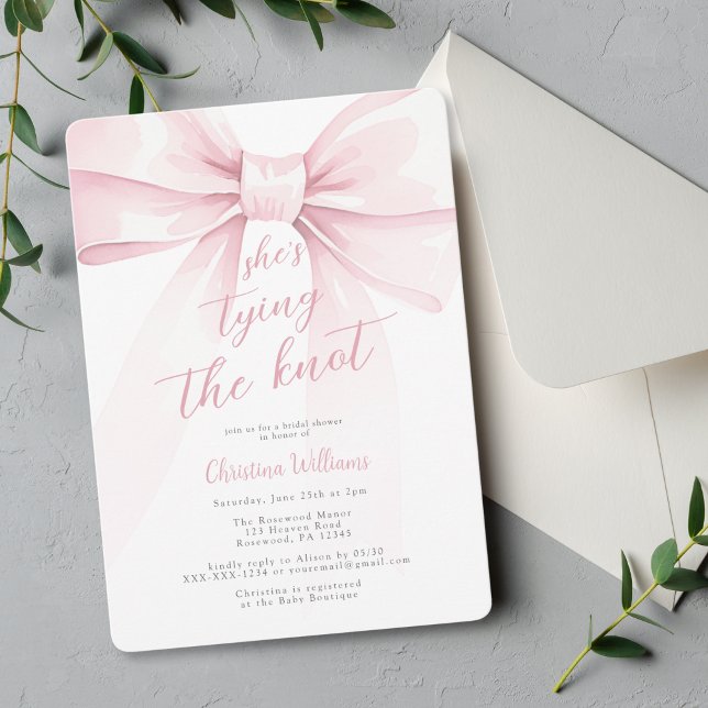 Invitación Ella está atando la ducha de novias rosada Knot (Subido por el creador)