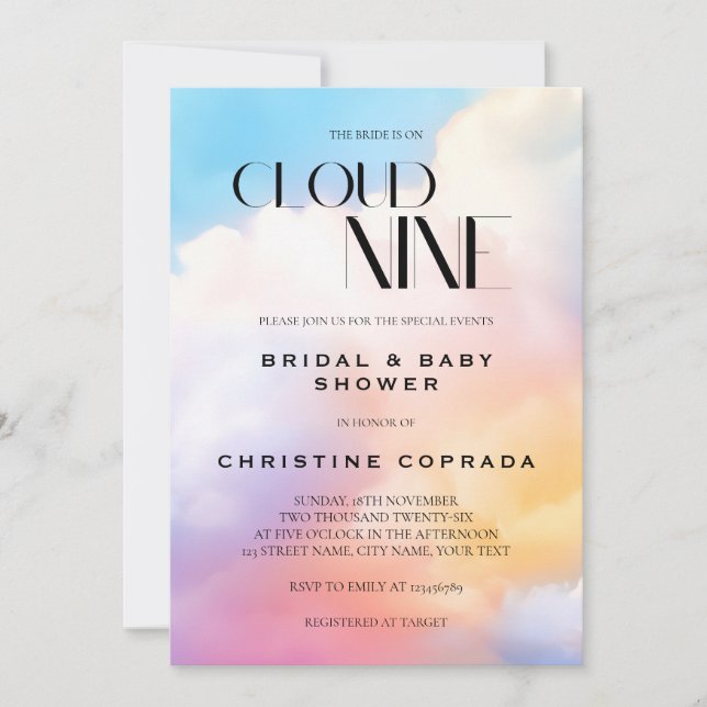 Invitación Ella está en la novena nube Pastel de boda y baby  (Anverso)