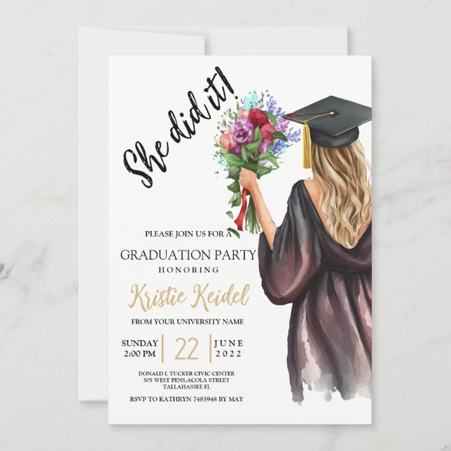 Invitación Ella lo hizo en la fiesta de graduación (Anverso)