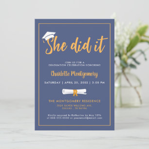 Invitación Ella Lo Hizo Grad Cap Dusty Blue Graduation Photo