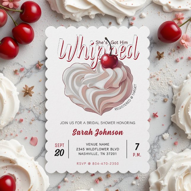Invitación Ella lo tiene con una ducha de cerezo de crema bat (She's Got Him Whipped Cream Cherry Bridal Shower Invitation
)