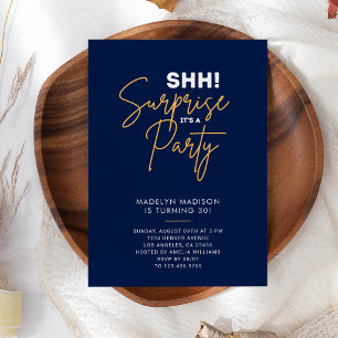 Invitación ¡ELLA! Surprise Birthday Party Navy Blue Elegant