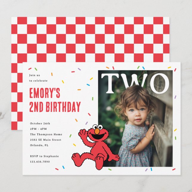 Invitación Elmo Red Confetti Second Birthday (Anverso / Reverso)