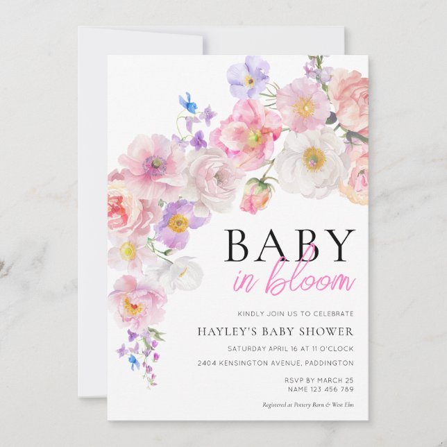 Invitación Eloise Pink Floral Baby en Bloom Baby Shower (Anverso)