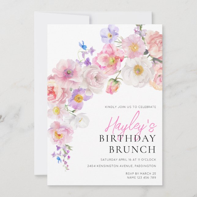 Invitación Eloise Pink Floral Birthday Brunch (Anverso)