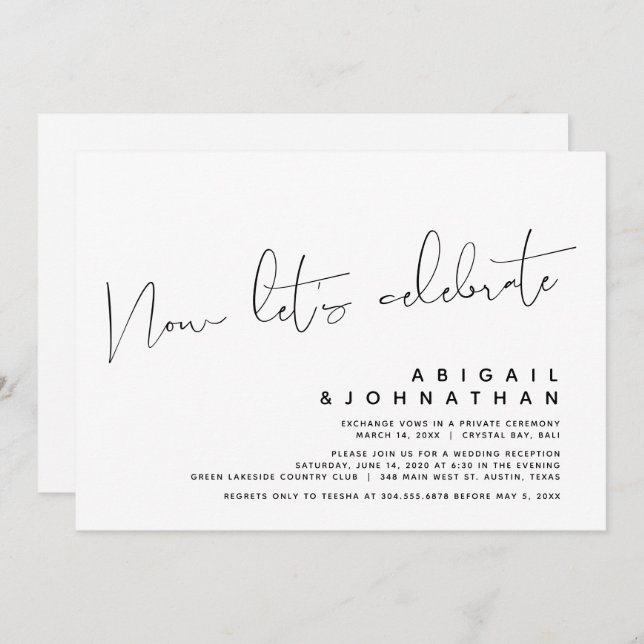 Invitación Elopamiento de boda moderno, Ahora celebramos (Anverso / Reverso)