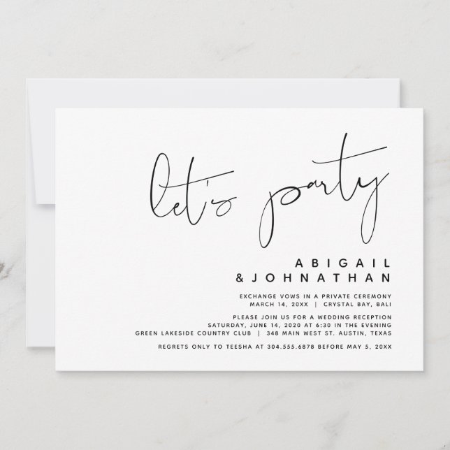 Invitación Elopamiento de boda moderno, vamos a festejar (Anverso)