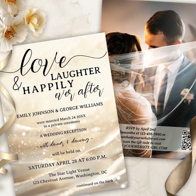 Invitación Elope resplandeciente de oro feliz nunca después d (A boho chic happily ever after wedding invitation showing a gold design with festive sparkling light)