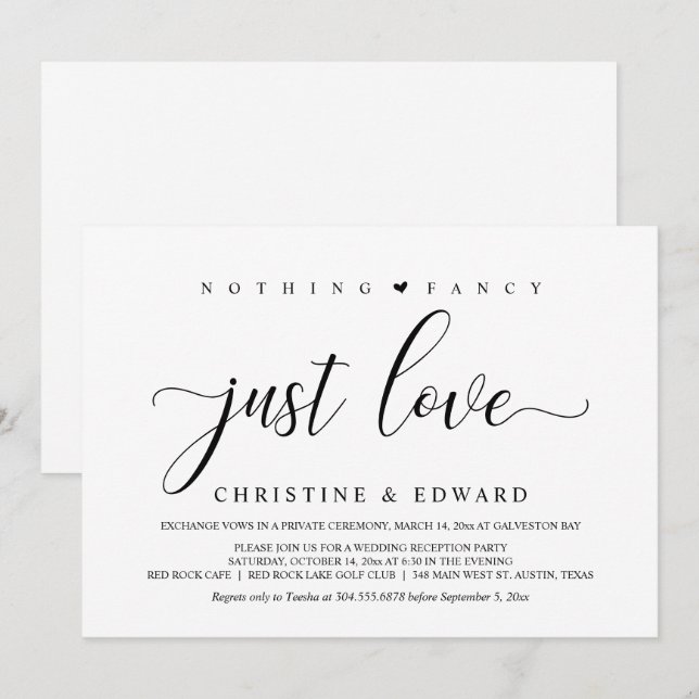 Invitación Elopement boda, elegante Fiesta de recepción Invit (Anverso / Reverso)
