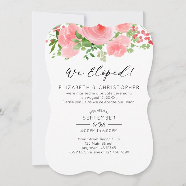 Invitación Elopement, Boda Floral Rosa, (Anverso)