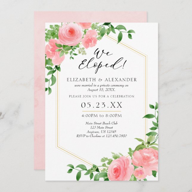Invitación Elopement, Boda Floral Rosa, (Anverso / Reverso)