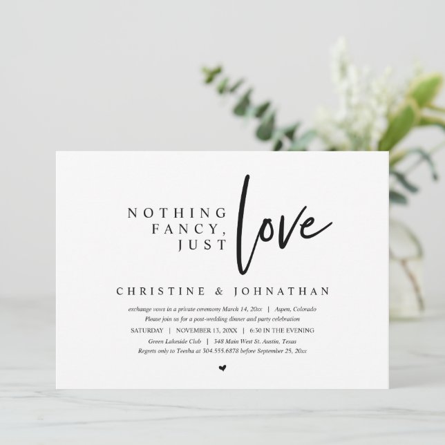 Invitación Elopement boda, Nothing Fancy, Just Love (Anverso de pie)