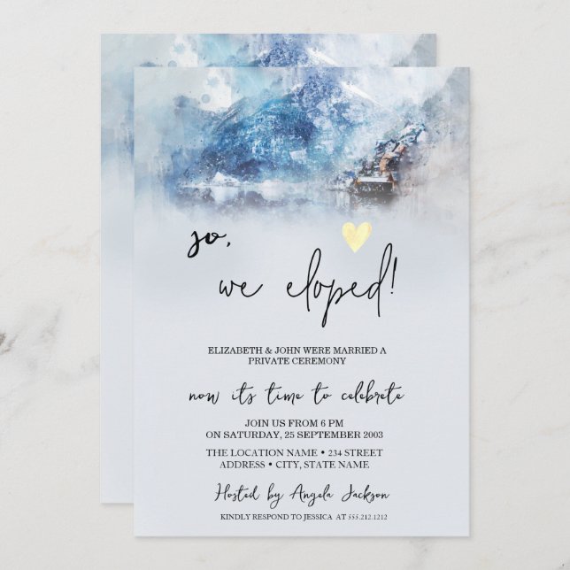 Invitación Elopement de boda en el lago de montaña invernal   (Anverso / Reverso)