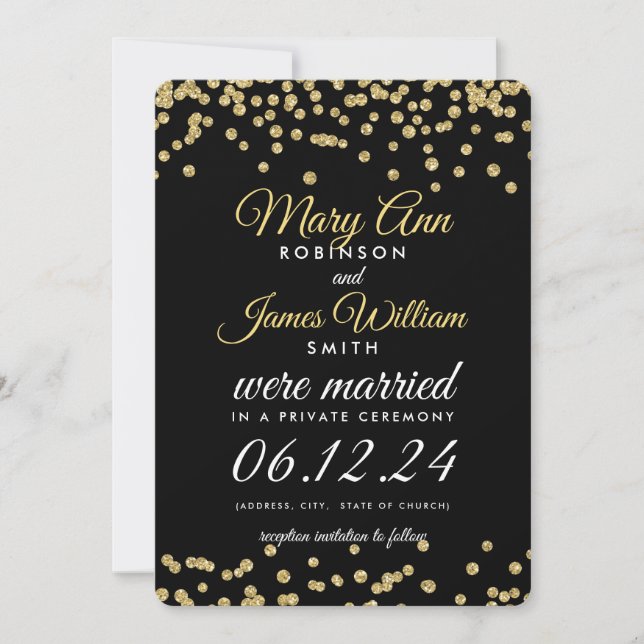 Invitación Elopement Gold Faux Purpurina Confetti Black (Anverso)