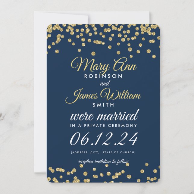 Invitación Elopement Gold Faux Purpurina Confetti Navy Blue (Anverso)