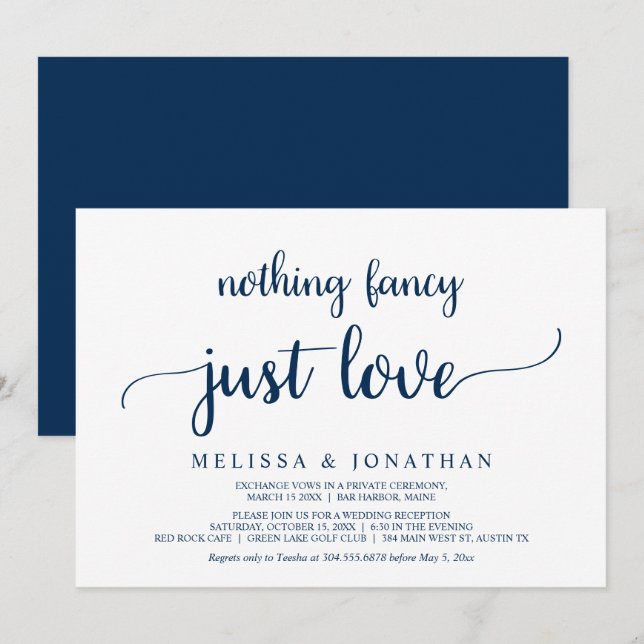 Invitación Elopement, Nothing Fancy Just Love, Navy Blue (Anverso / Reverso)