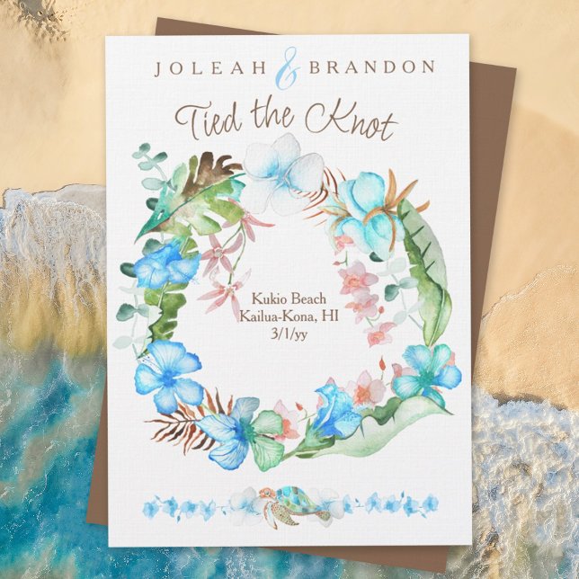 Invitación Elopement Tropical Blue Brown Green Hibiscus (elopement, beach wedding, blue tropical wedding, floral hibiscus flowers, we tied the knot)