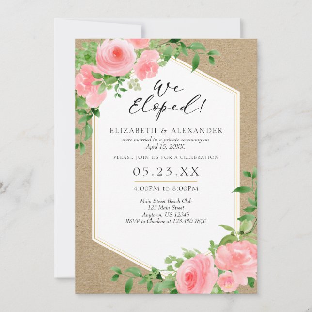 Invitación Eloprimimos El Boda Floral Rosa Kraft (Anverso)
