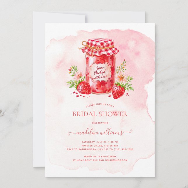 Invitación Embalse de fresa con ducha de novias amorosas (Anverso)