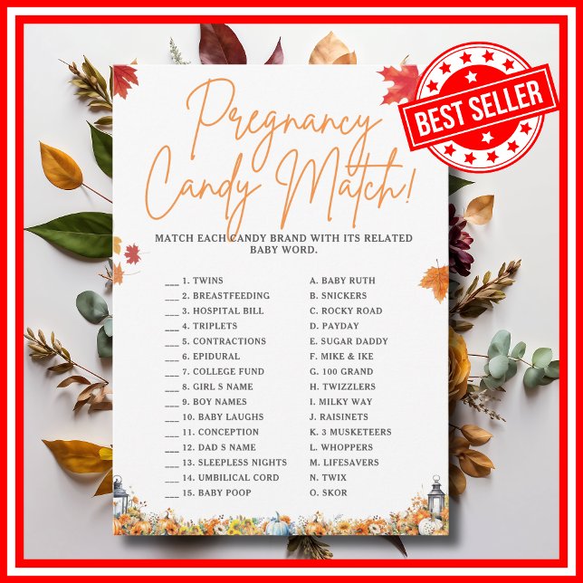 INVITACIÓN EMBARAZO CANDALISMO DE CANDIDATURA COINCIDENCIA CO (PREGNANCY CANDY MATCH Easy Baby Shower Game A Little Pumpkin is on the Way Fall Autumn Theme)