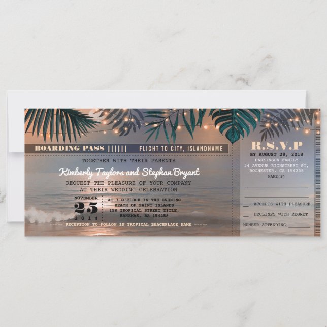 Invitación Embarcadero Pase Tropical Beach Lights Boda Ticket (Anverso)