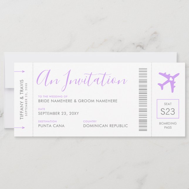 Invitación Embarque de pases de avión Ticket Lilac Travel (Anverso)