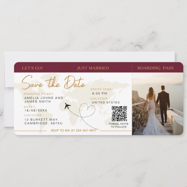 Invitación Embarque Pasar Avión Ticket Save The Date boda (Anverso)