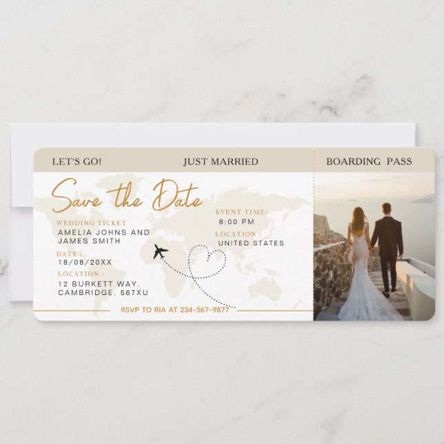 Invitación Embarque Pasar Avión Ticket Save The Date boda (Anverso)