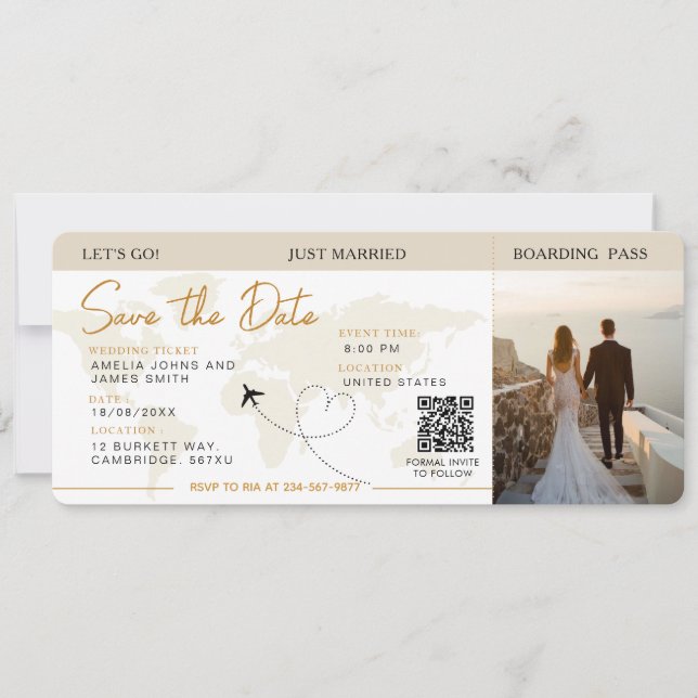 Invitación Embarque Pasar Avión Ticket Save The Date boda (Anverso)