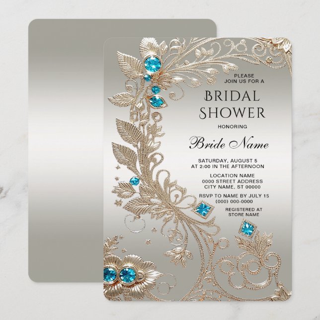 Invitación Embellecedor Dorado Blue Stones Bridal Shower (Anverso / Reverso)