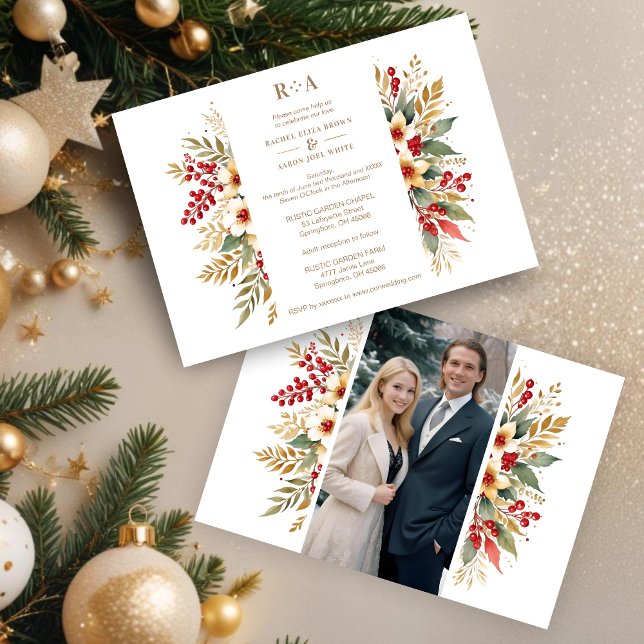 Invitación Embellished Christmas Botanicals Flowers Photo (Embellished Christmas Botanicals Flowers Leaves & Branches Photo Golden Wedding Invitations Cards.)