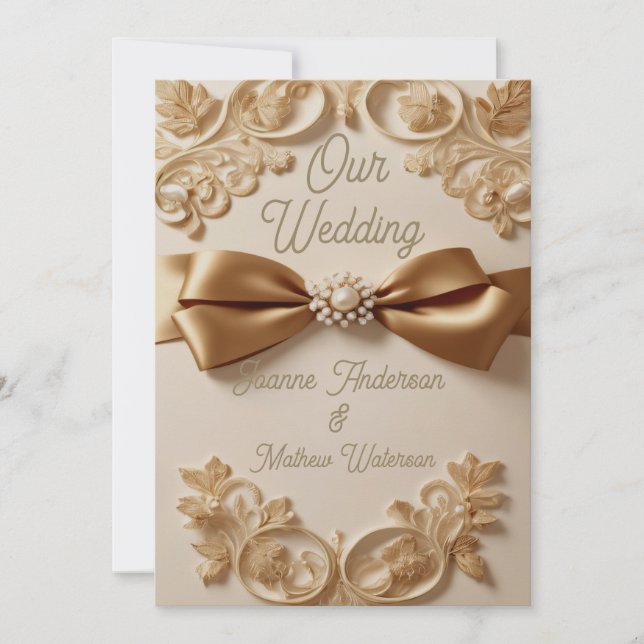 Invitación Embossed Floral Wedding Invitation – Satin Bow & G (Anverso)