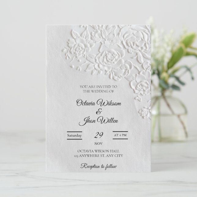 Invitación Embossed Roses Deckled Edge Sage Wedding (Anverso de pie)