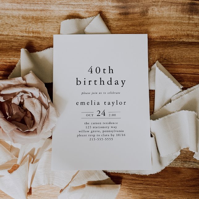 Invitación EMELIA Boho Minimalista Rústico único 40 cumpleaño (EMELIA Boho Minimalist Unique Rustic 40th Birthday Invitation)