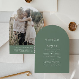 Invitación EMELIA QR Code Photo Arch Woodland Green Boda