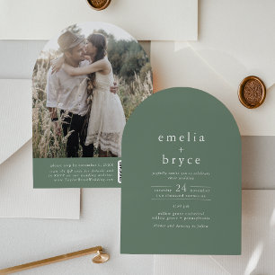 Invitación EMELIA QR Code Photo Arch Woodland Green Boda