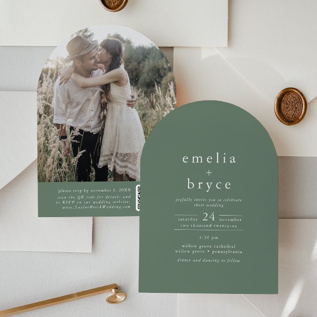Invitación EMELIA QR Code Photo Arch Woodland Green Boda (EMELIA QR Code Photo Arch Woodland Green Wedding Invitation)