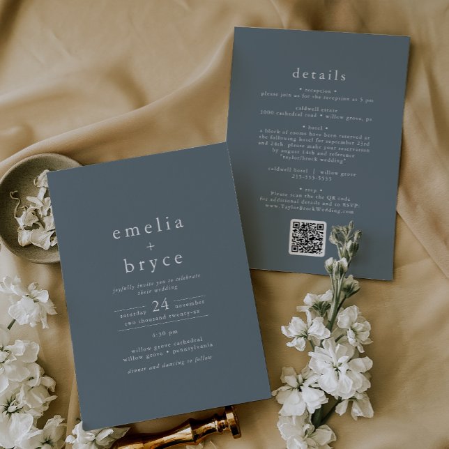 Invitación EMELIA QR Code Simple Boho Navy Dark Blue Boda (EMELIA QR Code Simple Boho Navy Dark Blue Wedding Invitation)