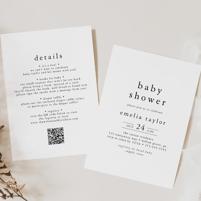 Invitación EMELIA Rústica Minimalista QR simple Baby Shower (EMELIA Rustic Minimalist QR Simple Baby Shower Invitation)