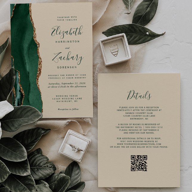 Invitación Emerald Agate Champagne QR Code Wedding (Subido por el creador)