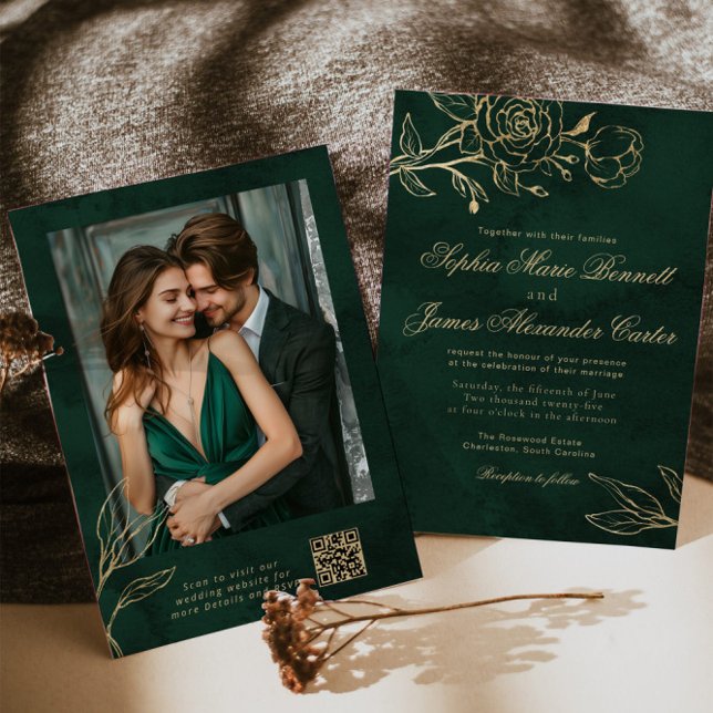 Invitación Emerald and Gold Elegant Botanical Photo Wedding (Subido por el creador)