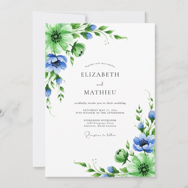Invitación Emerald Blue Botanical Spring Wedding (Anverso)