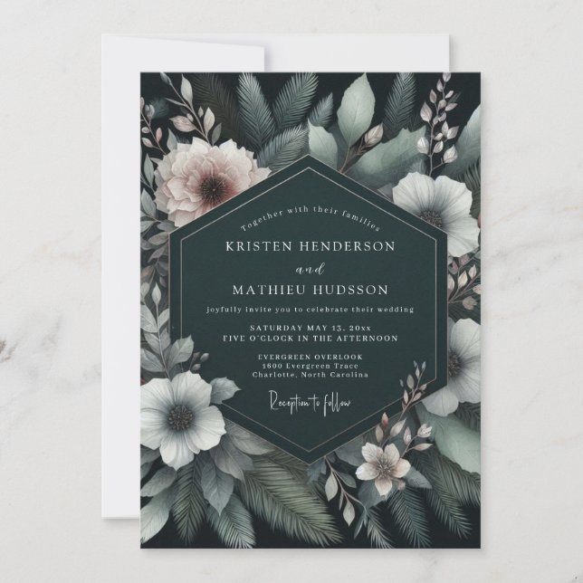 Invitación Emerald Blush Moody Flora Wedding (Anverso)
