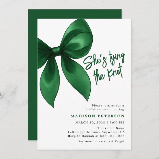 Invitación Emerald Bow She's Tying the Knot Bridal Shower (Anverso / Reverso)