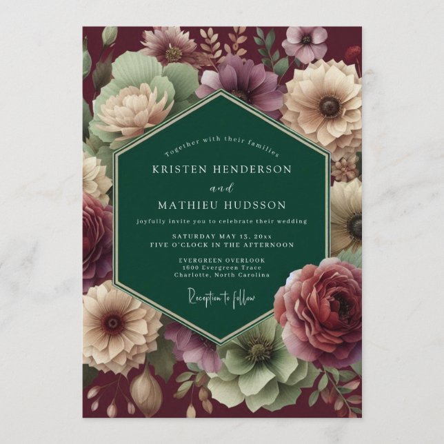 Invitación Emerald Burgundy Dramatic Bloom Wedding (Anverso)