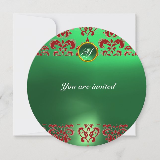 Invitación EMERALD DAMASK GEM STONE MONOGRAM rojo verde (Anverso)