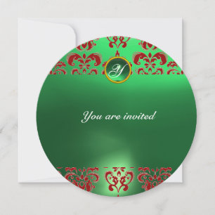 Invitación EMERALD DAMASK GEM STONE MONOGRAM rojo verde