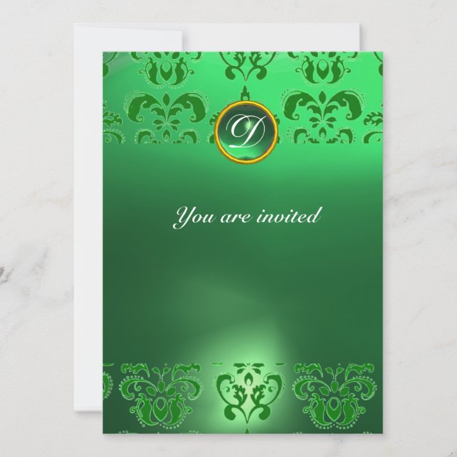 Invitación EMERALD DAMASK GEM STONE MONOGRAM verde (Anverso)